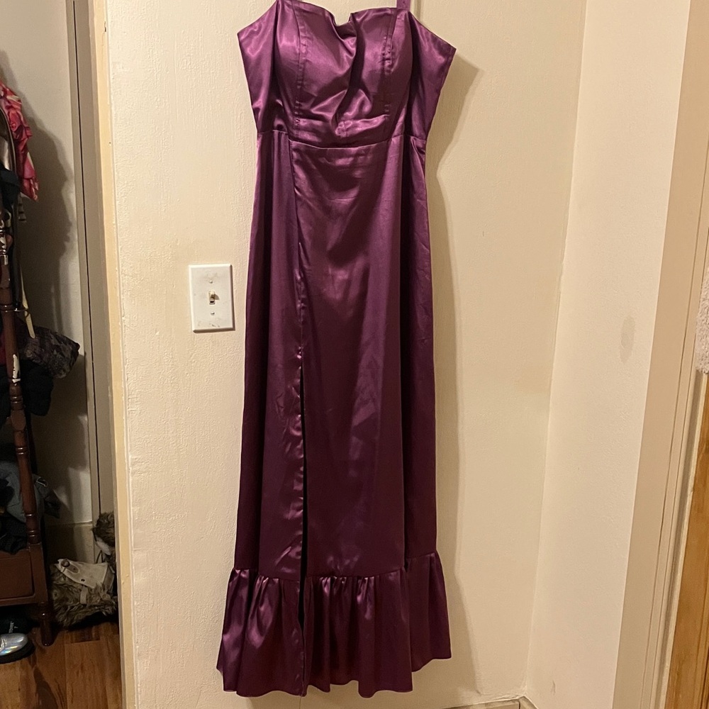 Purple Satin Bridesmaid Dress Square Neck Line Corset Lace Up Back Slit Skirt
